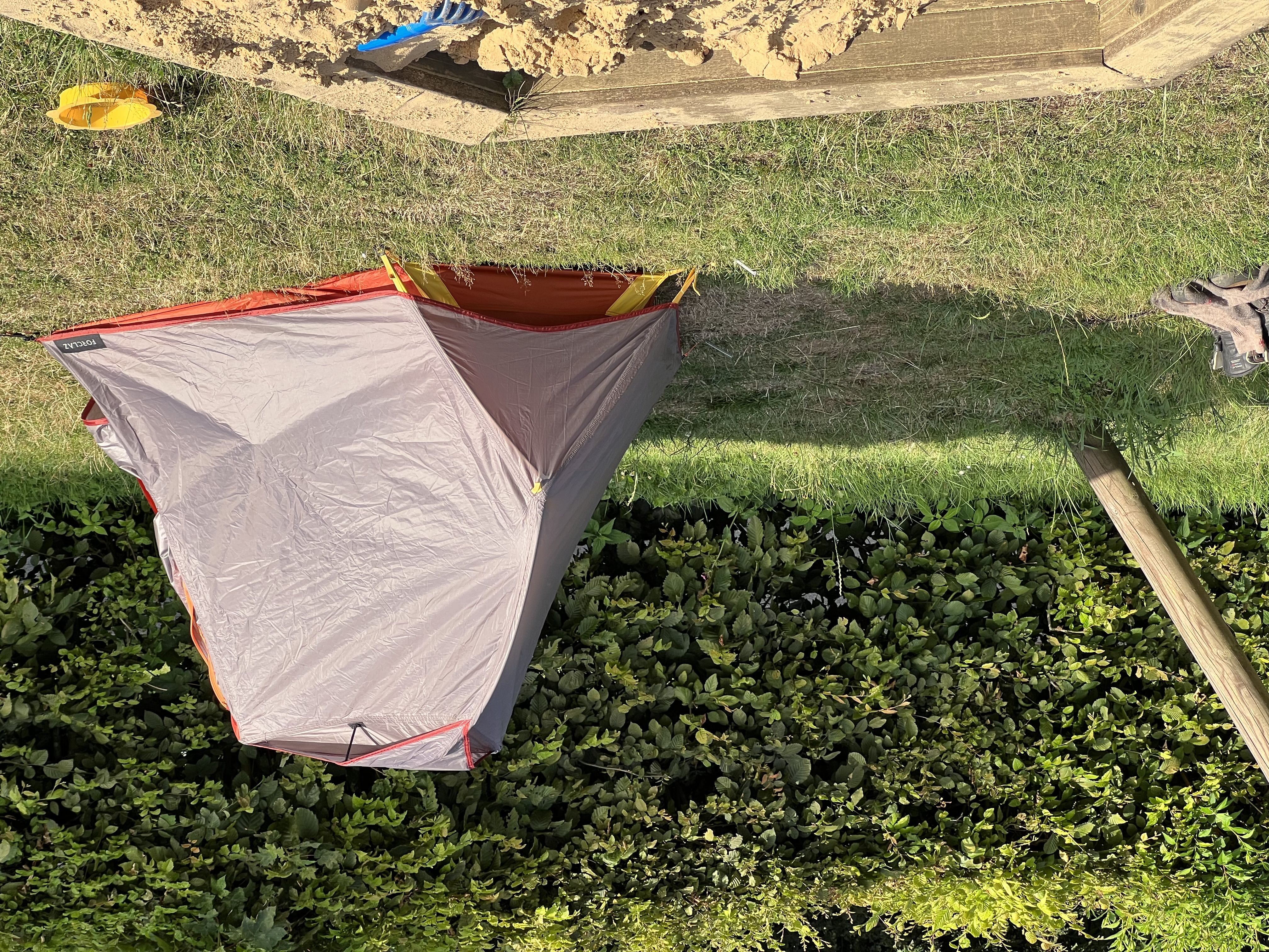 The ultralight tent is just big enough for me to fit in. Even for the backpack and the shoes are — if you&rsquo;re smart — still enough space.